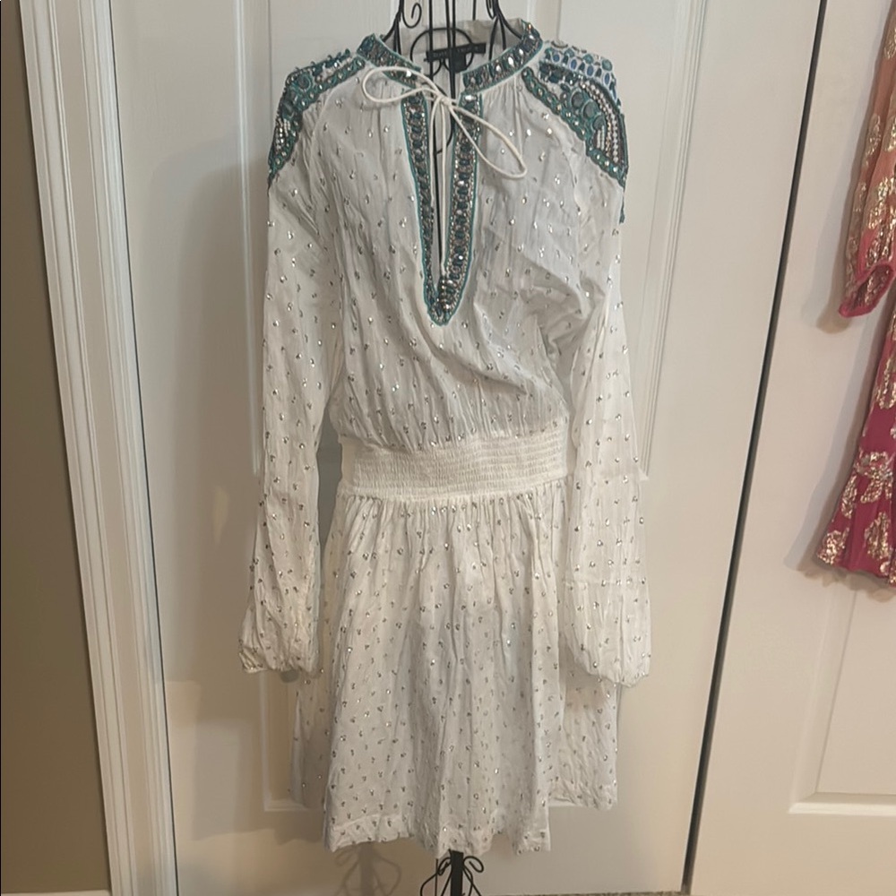 Boston Proper White Dress with Teal Accents